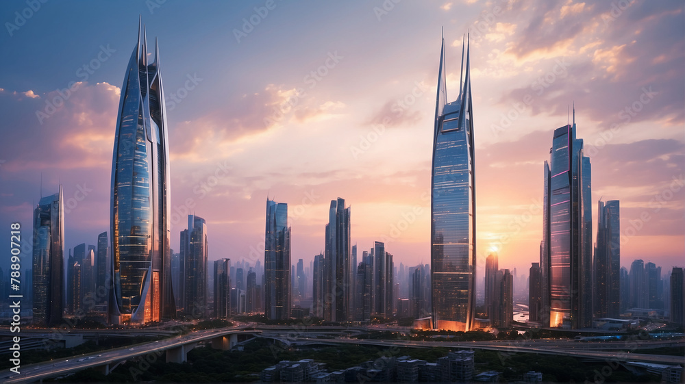 Obraz premium n the dimly-lit cityscape, towering skyscrapers stand as sharp silhouettes against a fiery sunset