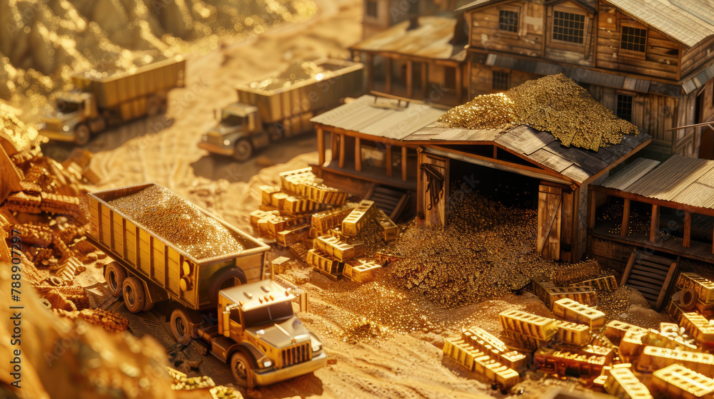 Trucks dumped lots of gold bars and gold sand next to the gold house