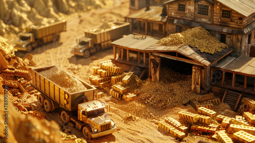 Trucks dumped lots of gold bars and gold sand next to the gold house