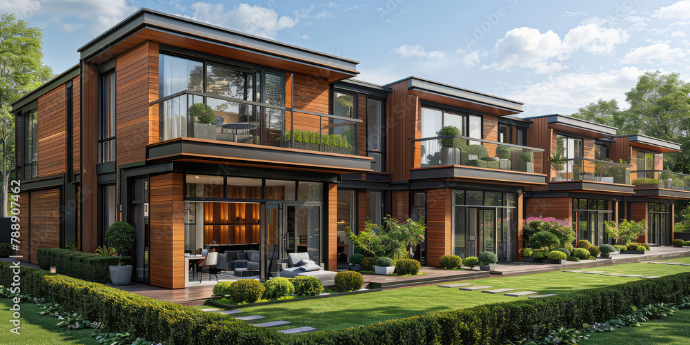 A street view of three townhouses with modern architecture in wood and black metal, green trees behind the houses, warm lighting in the windows, clean landscape design around each house. 