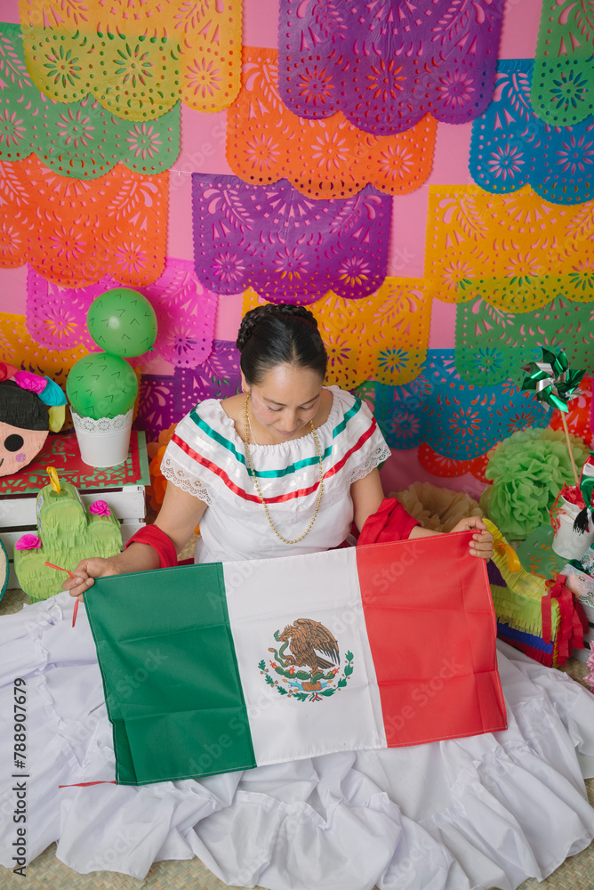 Woman in Traditional Mexican Dress Holding National Flag