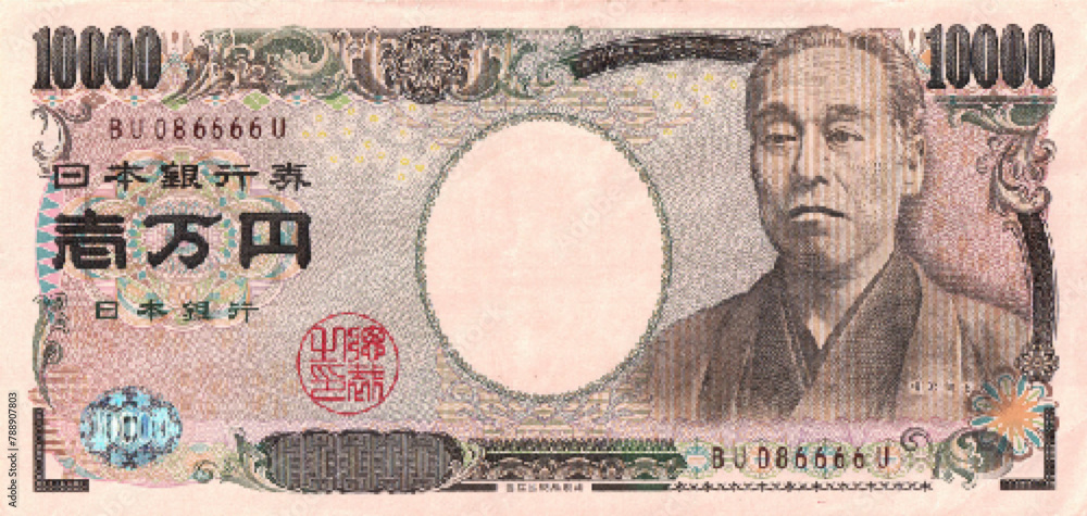 Vector high poly pixel mosaic banknotes of Japan. Denominations of bill 10000 yen. Obverse of Japanese game money.