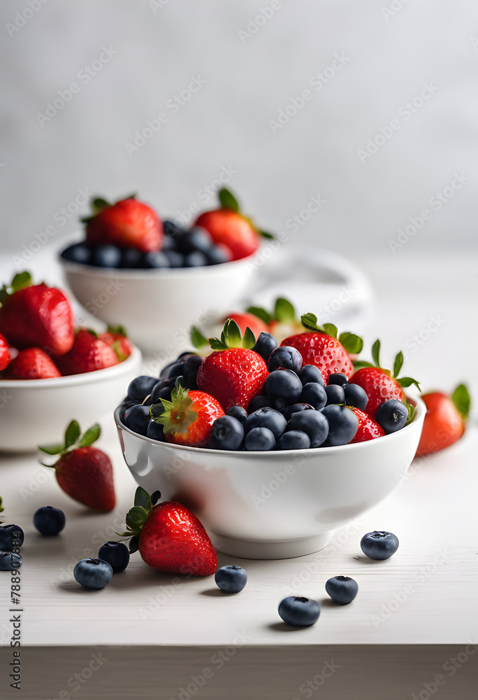 Strawberries and blueberries in white bowl Strawberries and blueberries in white bowl