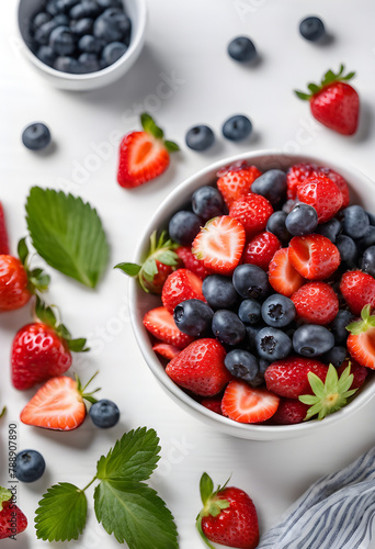 Strawberries and blueberries in white bowl