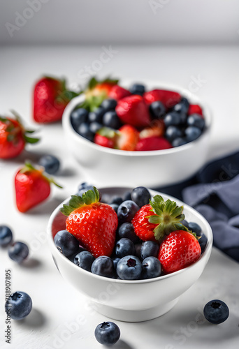 Strawberries and blueberries in white bowl