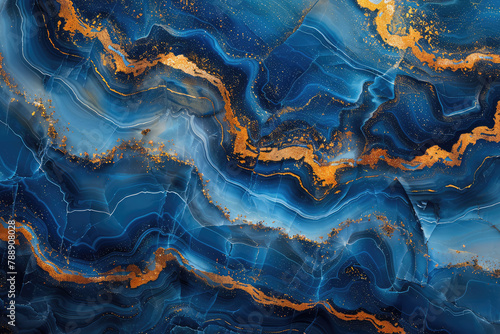 A detailed closeup of swirling patterns in blue and gold marble, resembling the surface of an ocean with golden splashes. Created with Ai