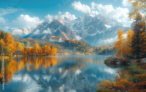 A breathtaking autumn landscape featuring the majestic snowcapped mountains of Norway, reflecting in crystal clear waters surrounded by vibrant orange and red foliage. Created with Ai