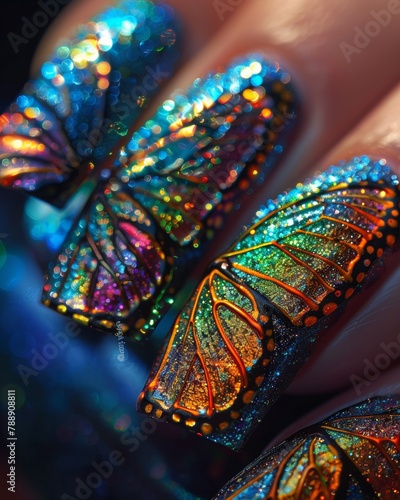 Macro Beauty Shot: Exquisite Butterfly Nail Art Design in Vibrant Colors