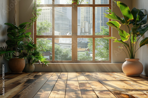A bright room with wooden flooring, large windows overlooking the cityscape, and green plants in pots on one side of an empty wall. Created with Ai © Digital Canvas