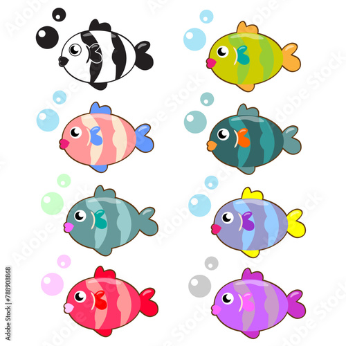 Set of cute brightly colored cartoon fish