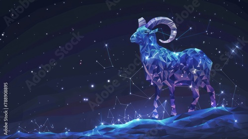 Beautiful starry low poly illustration with aries on dark background AI generated