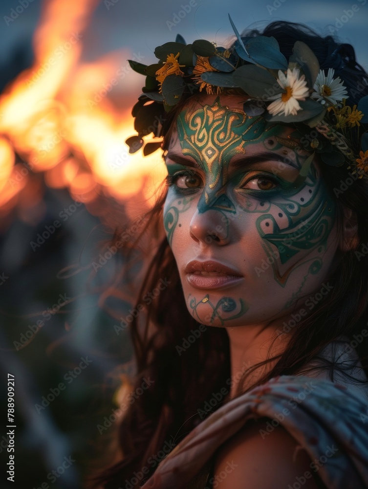 Twilight Serenity at Beltane: Indigenous Woman with Celtic Face Paint and Floral Wreath