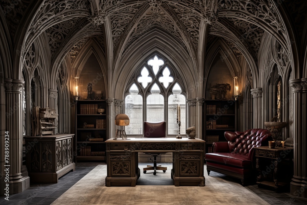 Stone Floor Carvings and Wall Sconces: Gothic Cathedral Inspired Home Office Ideas