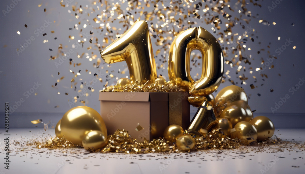 gold birthday 3D surprise 10th box balloon Rendering confetti Happy celebration background gold birthday 3D surprise 10th box balloon Rendering confetti Happy celebration background