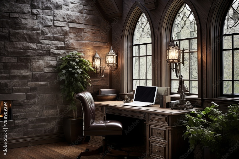Stone Walls and Sconce Lighting: Gothic Cathedral Inspired Home Office Ideas Stone Walls and Sconce Lighting: Gothic Cathedral Inspired Home Office Ideas