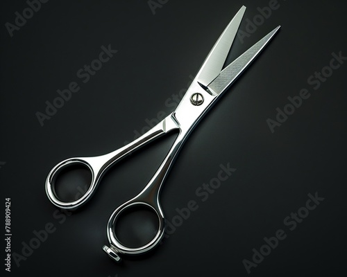 Shiny silver scissors on a matte black wallpaper, sleek and functional contrast, modern elegance photo
