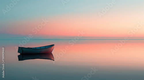 A lone boat floats on calm waters under a gentle sky at sunset © boxstock production