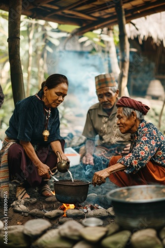 Coffee Farmers Sharing Traditional Coffee-Making Techniques With Visitors, Demonstrating The Process of Brewing Coffee Over an Open Fire and Serving it in Traditional cups, Generative AI
