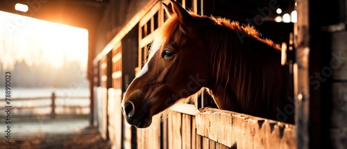 A horse standing in a stable with its head sticking out.