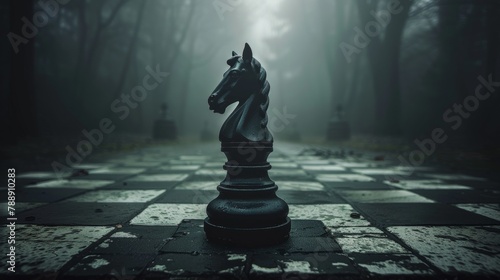 Enigmatic Chess Knight Centered on a Misty Chessboard, a Symbol of Strategy in the Haze of the Game photo