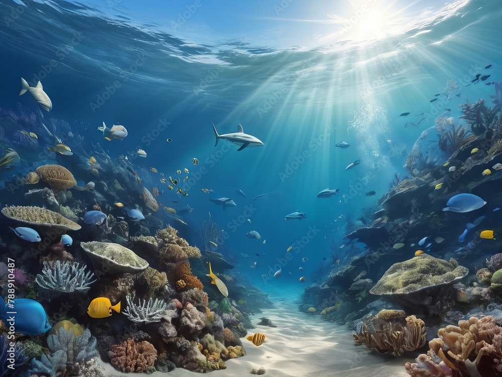 Fototapeta premium World Oceans Day Save Environment,Beautiful Underwater in wild nature background,Generative Ai.