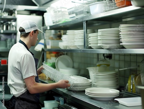  a dishwasher hard at work in a bustling restaurant kitchen, capturing the fast-paced environment and essential role they play in keeping operations running smoothly