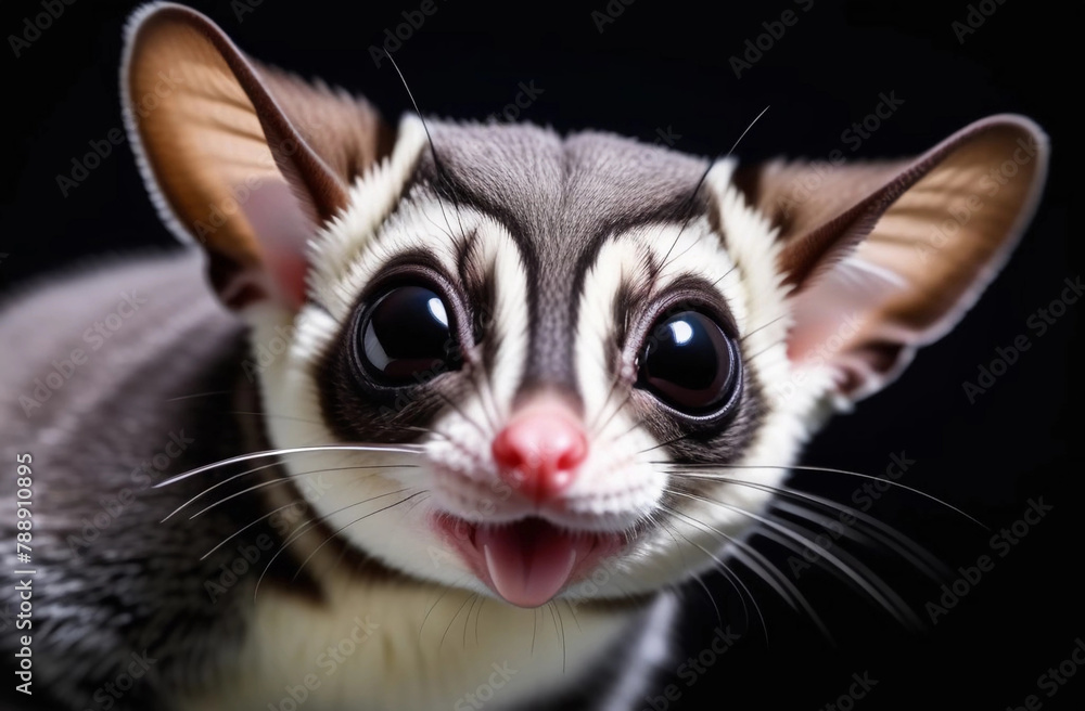 Portrait of sugar glider with mouth open on the black background, selective focus Portrait of sugar glider with mouth open on the black background, selective focus