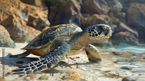 Graceful Sea Turtle Gliding Through Sun-Dappled Waters Amidst Lush Greenery