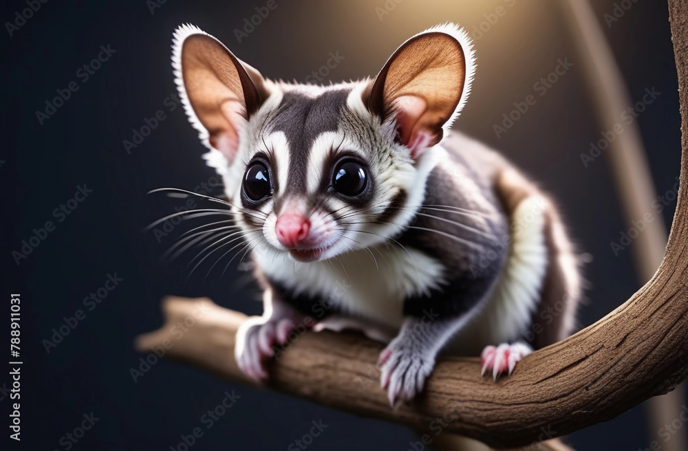 Sugar glider sits on branch on grey background, selective focus