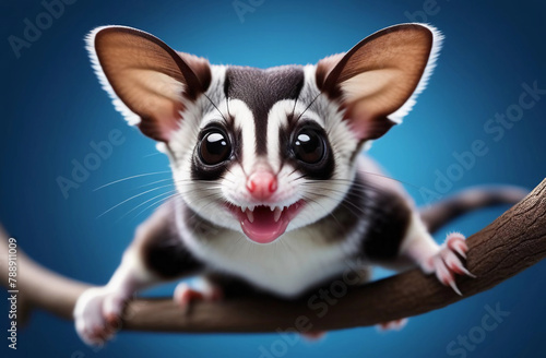 Sugar glider with open mouth on branch on the blue background, selective focus © Oksana