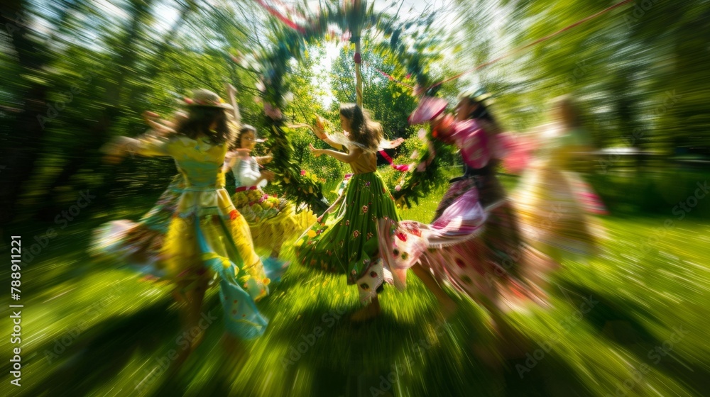 Obraz premium Joyful Dance of Diversity: Teens in Floral Costumes Celebrate Beltane Around Maypole