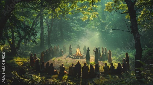 Tranquil Beltane Celebration in Forest Clearing at Dawn with Participants in Ritual Dance