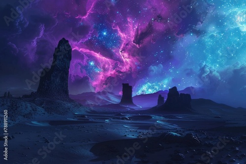 A panoramic view of a desert with black sand  under a gigantic purple and blue nebula in the sky. Strange monuments and ruins scatter the landscape  suggesting an ancient alien civilization.