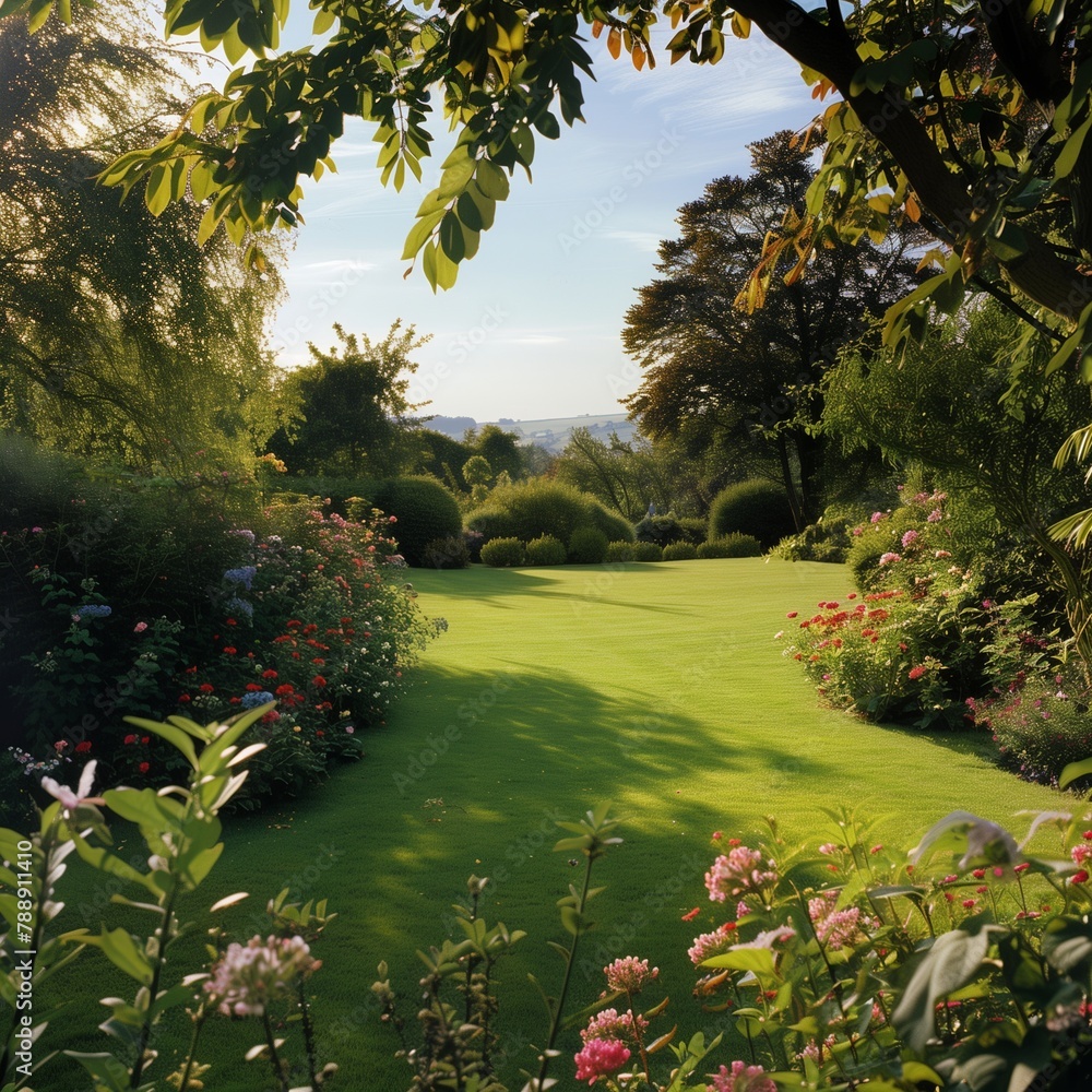 Fototapeta premium Garden in the park: A serene landscape with lush green grass, towering trees, and a clear blue sky, perfect for enjoying summer days outdoors