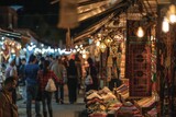 Crowds of people browsing through rows of illuminated booths, filled with exotic spices, handmade jewelry, and traditional souvenirs, Generative AI