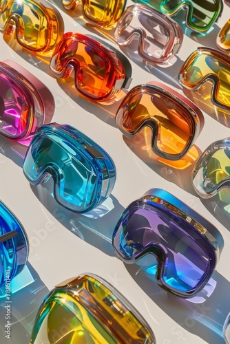 High-Angle Shot of Colorful VR Headset Lenses with Geometric Shadows on White Background