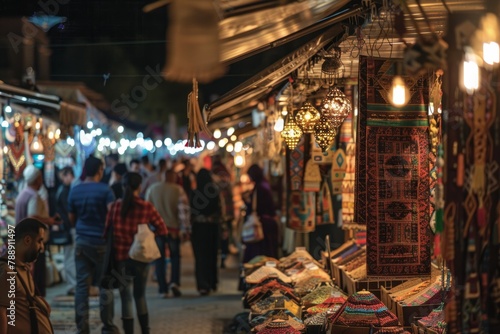Crowds of people browsing through rows of illuminated booths, filled with exotic spices, handmade jewelry, and traditional souvenirs, Generative AI