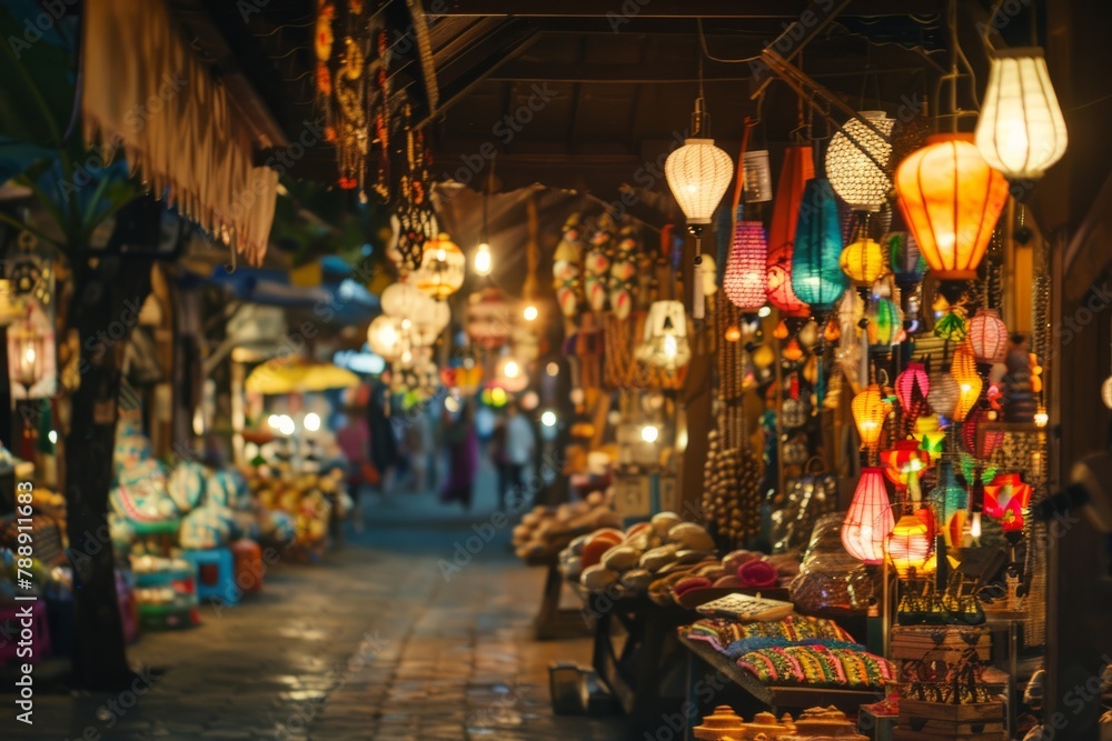 Naklejka premium Lantern-lit pathways winding through the market, revealing hidden treasures at every turn, from handcrafted trinkets to exotic street foods, Generative AI