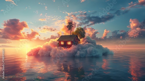Juneteenth Celebration: Isolated House on a Cloud above the Ocean with African Heritage Colors at Sunset photo