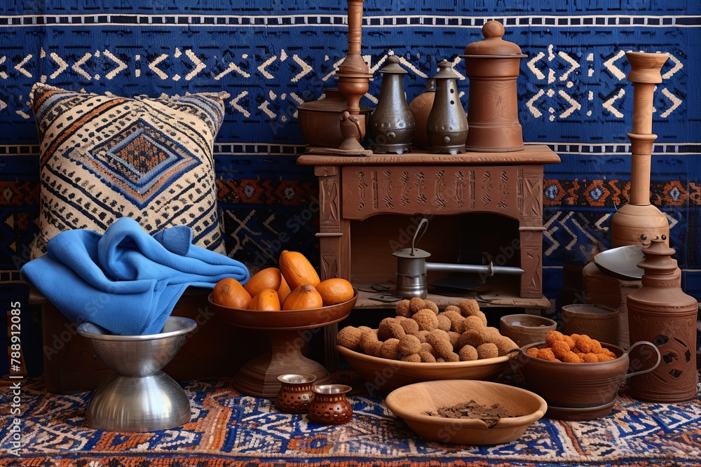 Moroccan Spice Market Kitchen Decor: Spice Grinder, Blue Pottery, Woven Rugs Ensemble