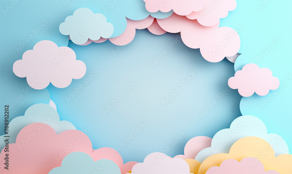 paper illustration in pastel colors, empty space in the middle, paper clouds on the sides paper illustration in pastel colors, empty space in the middle, paper clouds on the sides