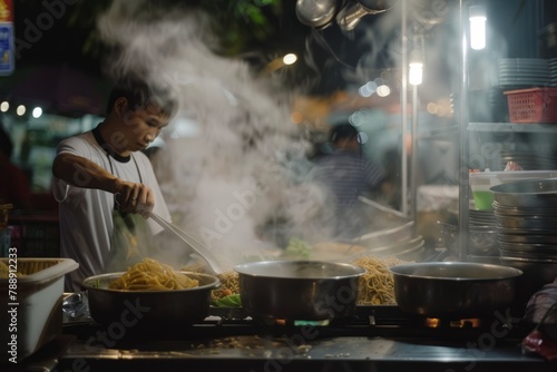 Night market vendors skillfully preparing their signature dishes, from steaming bowls of noodle soup to crispy fried snacks, amidst the hustle and bustle of the evening rush, Generative AI photo