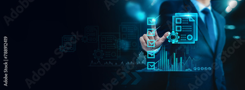 Businessman check, manage, and optimize projects using an online interface, incorporating project management and communication technology for streamlined operations.