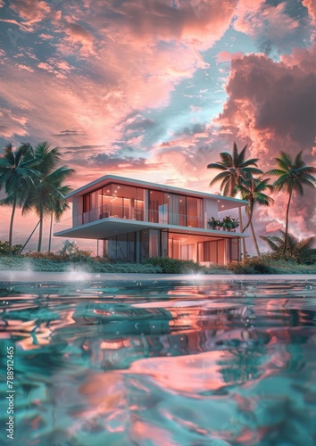 Surreal Aquatecture: Underwater-Styled House Amidst Clouds Overlooking a Sunset Beach