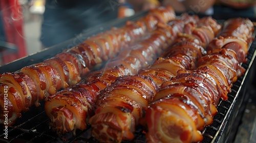Indulge in street food bliss with a massive barbecue smoker grill serving up juicy grilled meats wrapped in crispy bacon