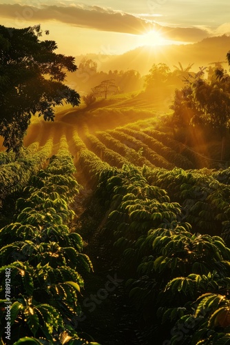 Coffee Farmers Surveying Their Fields at Sunrise, With Golden Rays of Light Casting Long Shadows Across Rows of Coffee Trees Heavy, Generative AI