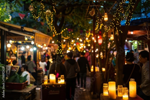 The warm glow of flickering candles and decorative string lights casting a cozy ambiance over the bustling night market, creating an enchanting atmosphere for evening shopping, Generative AI
