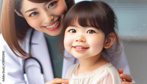 微笑む日本人女性の医師と女児