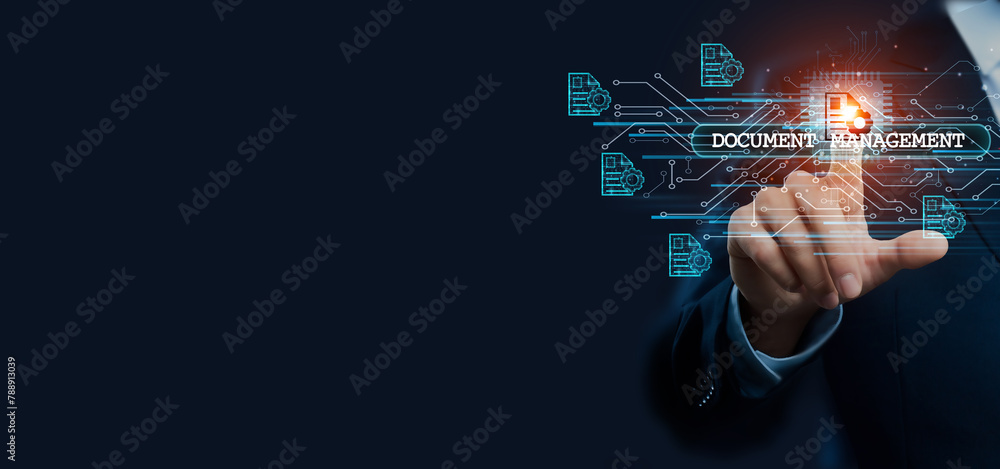 Businessman hand touching virtual graphical interface of document management. Idea for efficient solution and organization, streamlining in modern global business concept. Businessman hand touching virtual graphical interface of document management. Idea for efficient solution and organization, streamlining in modern global business concept.