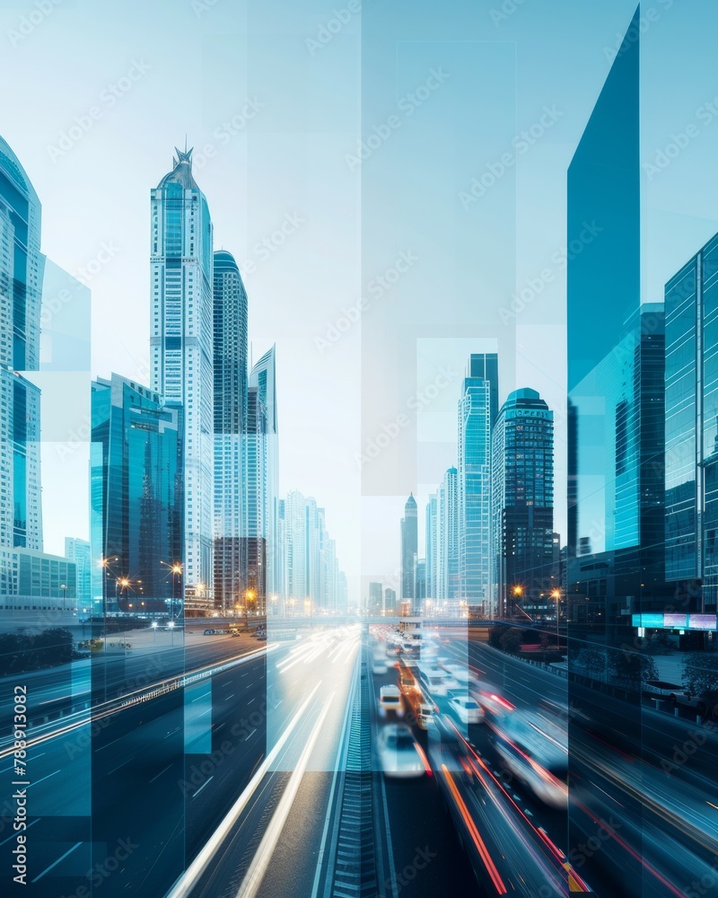 Fototapeta premium Metropolitan Morning: Bustling Cityscape with Traffic and Skyscrapers at Dawn